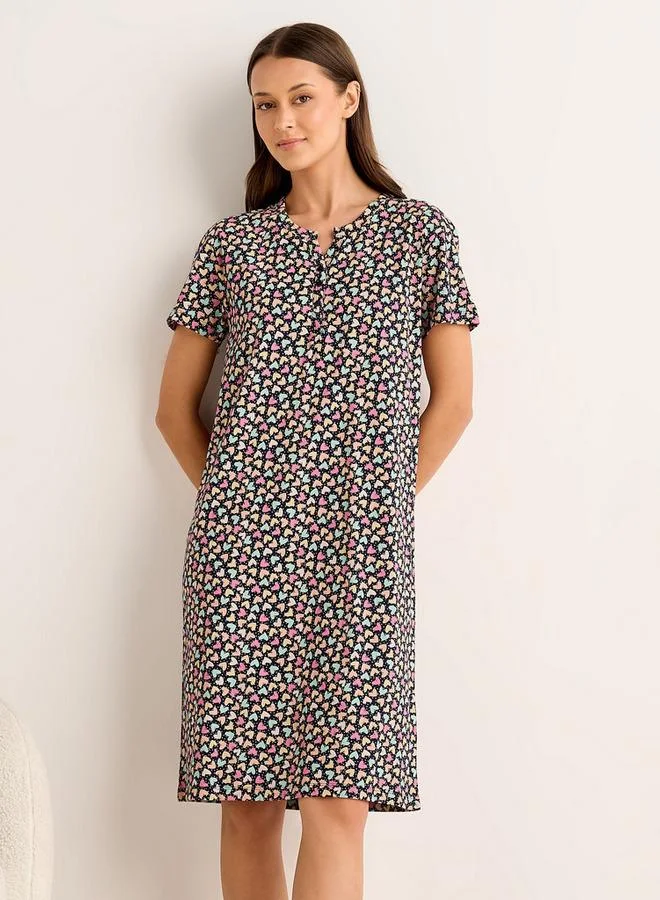 Splash FAV Midi Night Dress Short Sleeves Hearts Print Cotton